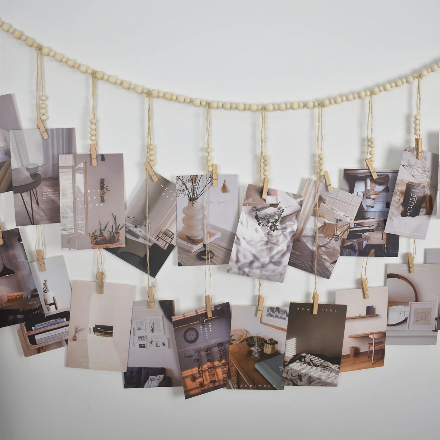 Hanging Photo Display Wooden Bead Garland Boho Wall Hanging for Bedroom Living Room Dorm Party Decor Teen Girl Gifts