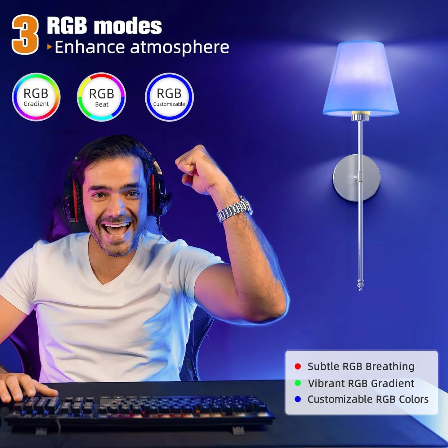 Rechargeable Battery Powered Wall Lamp 11Rgb Wireless Wall Light with Remote Control, Dimmable Wall Lamp for Bedroom Living Room