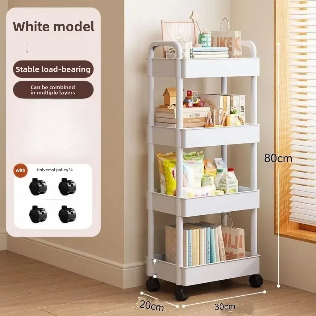 2025 Multifunctional White Rolling Storage Cart with Open Shelves for Living Room Books Kitchen Bedroom Decor