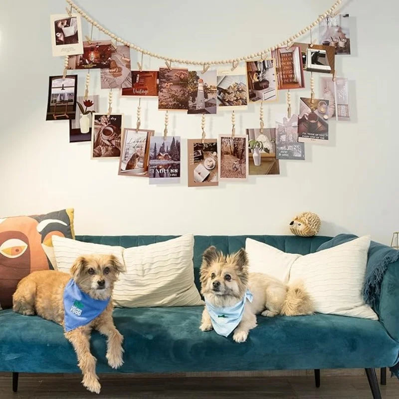 Hanging Photo Display Wooden Bead Garland Boho Wall Hanging for Bedroom Living Room Dorm Party Decor Teen Girl Gifts