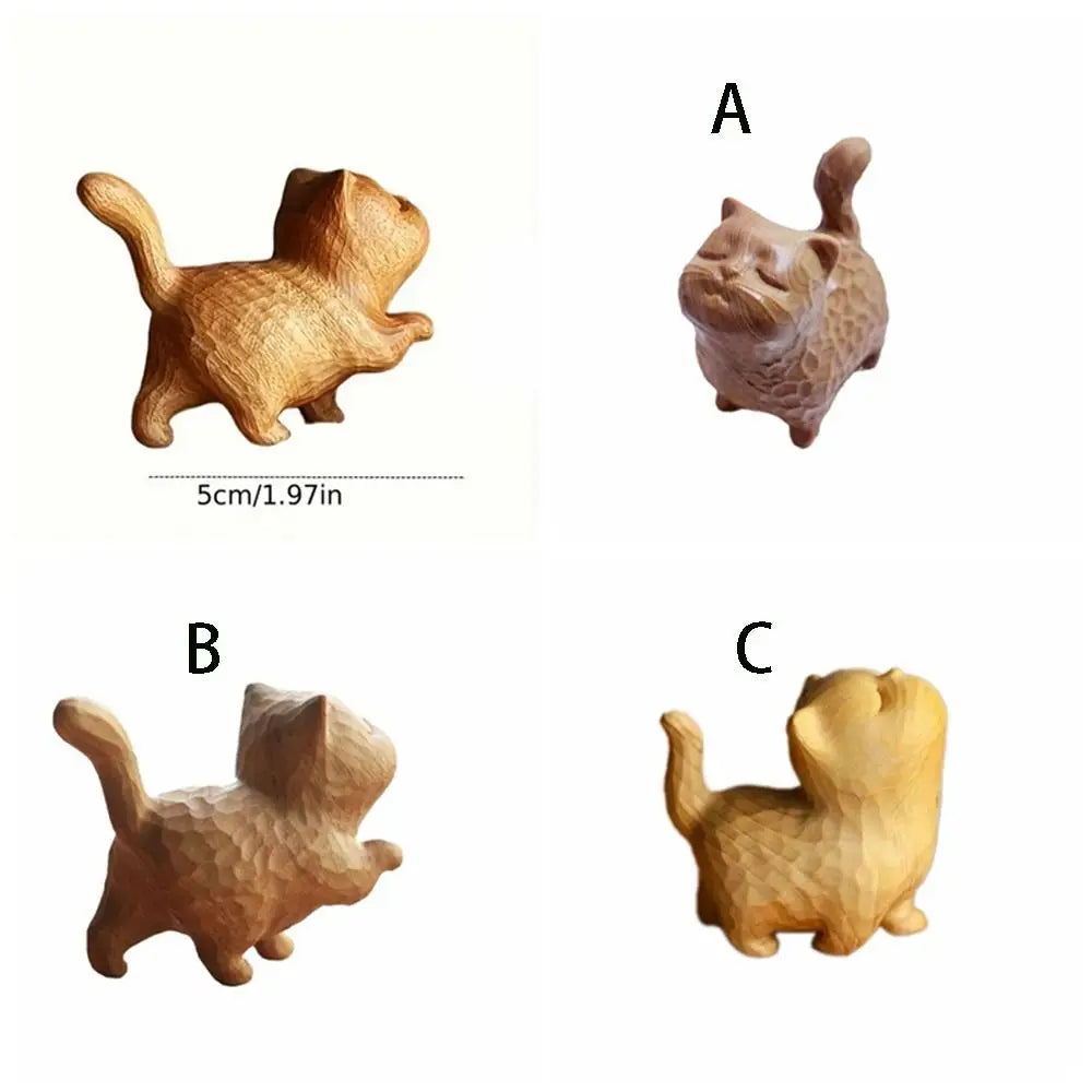 Cat Model Crafts Hand-carved Wooden Cat Statue Cute Tiny Cat Sculpture Creative Cartoon Animal Figurine Kids Gifts