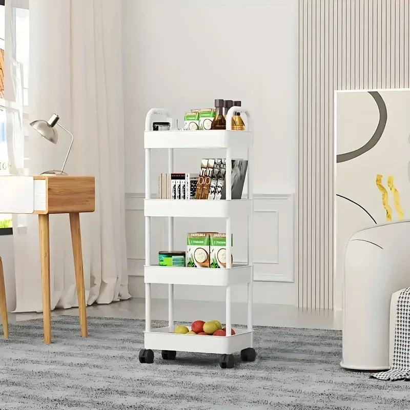 2025 Multifunctional White Rolling Storage Cart with Open Shelves for Living Room Books Kitchen Bedroom Decor