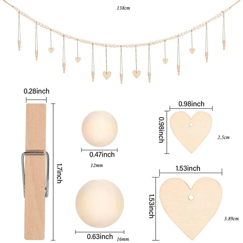 Hanging Photo Display Wooden Bead Garland Boho Wall Hanging for Bedroom Living Room Dorm Party Decor Teen Girl Gifts