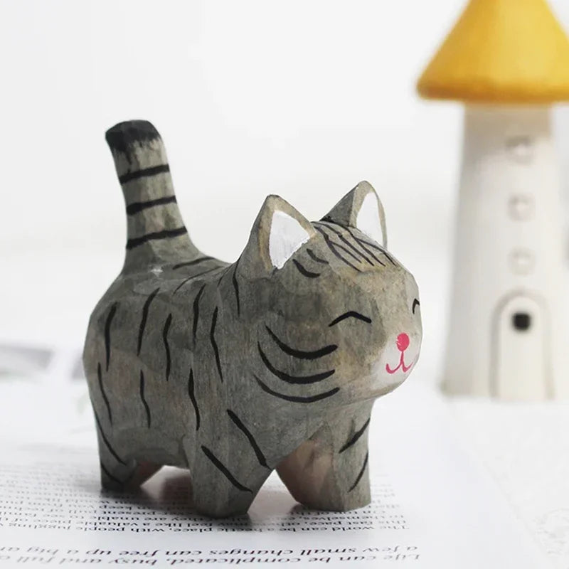 Handmade Wood Carving Kitten Ornaments Small Animal Creative Desktop Wood Cat Decoration Crafts