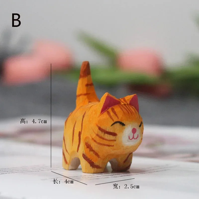 Handmade Wood Carving Kitten Ornaments Small Animal Creative Desktop Wood Cat Decoration Crafts