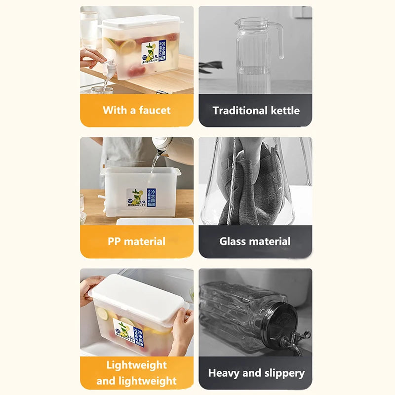 3.5L Water Kettle With Faucet Beverage Dispenser Cold Juice Lemonade Drinks Bucket Liquid Storage Tank Outdoor Fridge Organizers