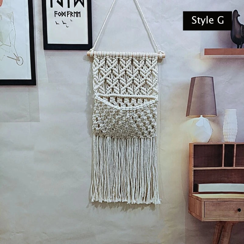 Hand-woven Boho Wall Decor Wall Hanging Tapestry with Woven Pocket Living Room Bedroom Bohemian Craft Decoration Handmade Gifts