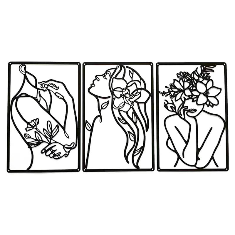 Emption!3 Pieces Metal Minimalist Abstract Woman Wall Art Line Drawing Wall Art Decor Single Line Female Home Hanging Wall Decor