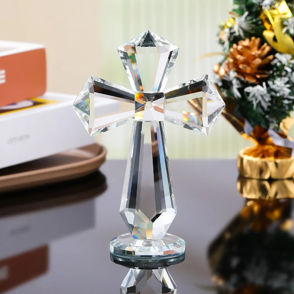Hand-carved AB Color Crystal Cross Ornament Standing Exquisite Christian Cross Crafts Handmade Crosses Figurine Religious Gift