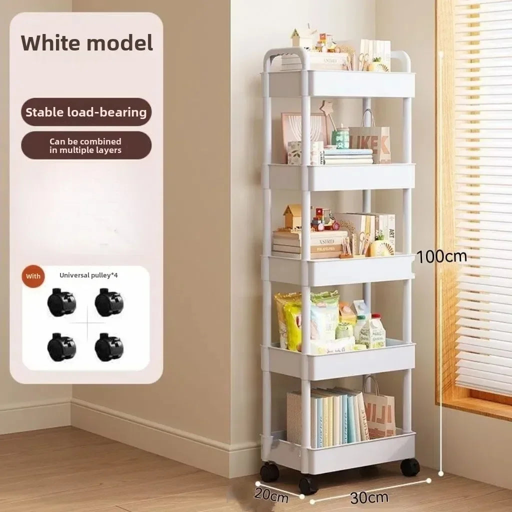 2025 Multifunctional White Rolling Storage Cart with Open Shelves for Living Room Books Kitchen Bedroom Decor