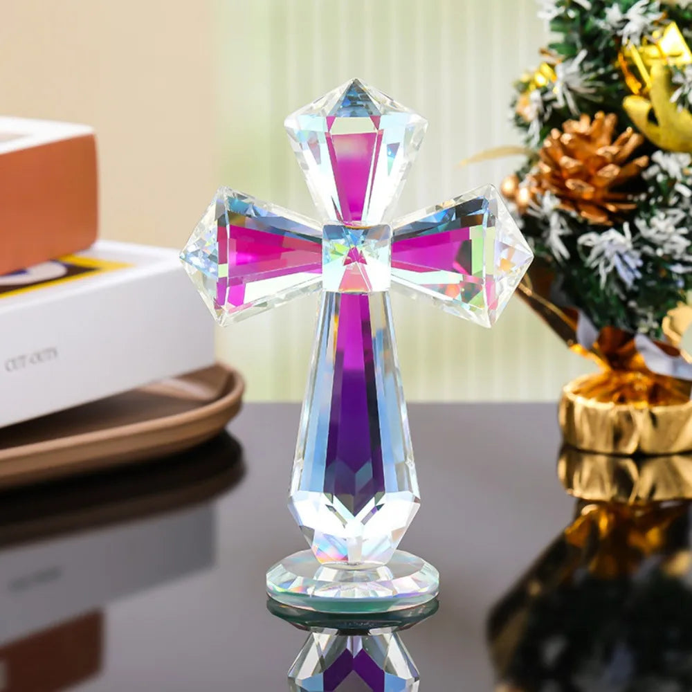 Hand-carved AB Color Crystal Cross Ornament Standing Exquisite Christian Cross Crafts Handmade Crosses Figurine Religious Gift
