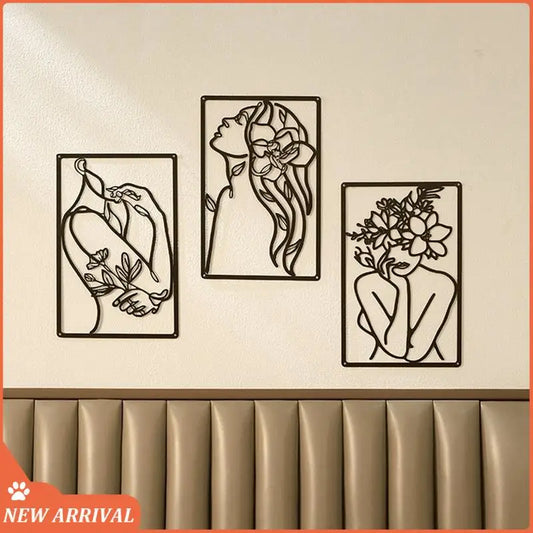 Emption!3 Pieces Metal Minimalist Abstract Woman Wall Art Line Drawing Wall Art Decor Single Line Female Home Hanging Wall Decor