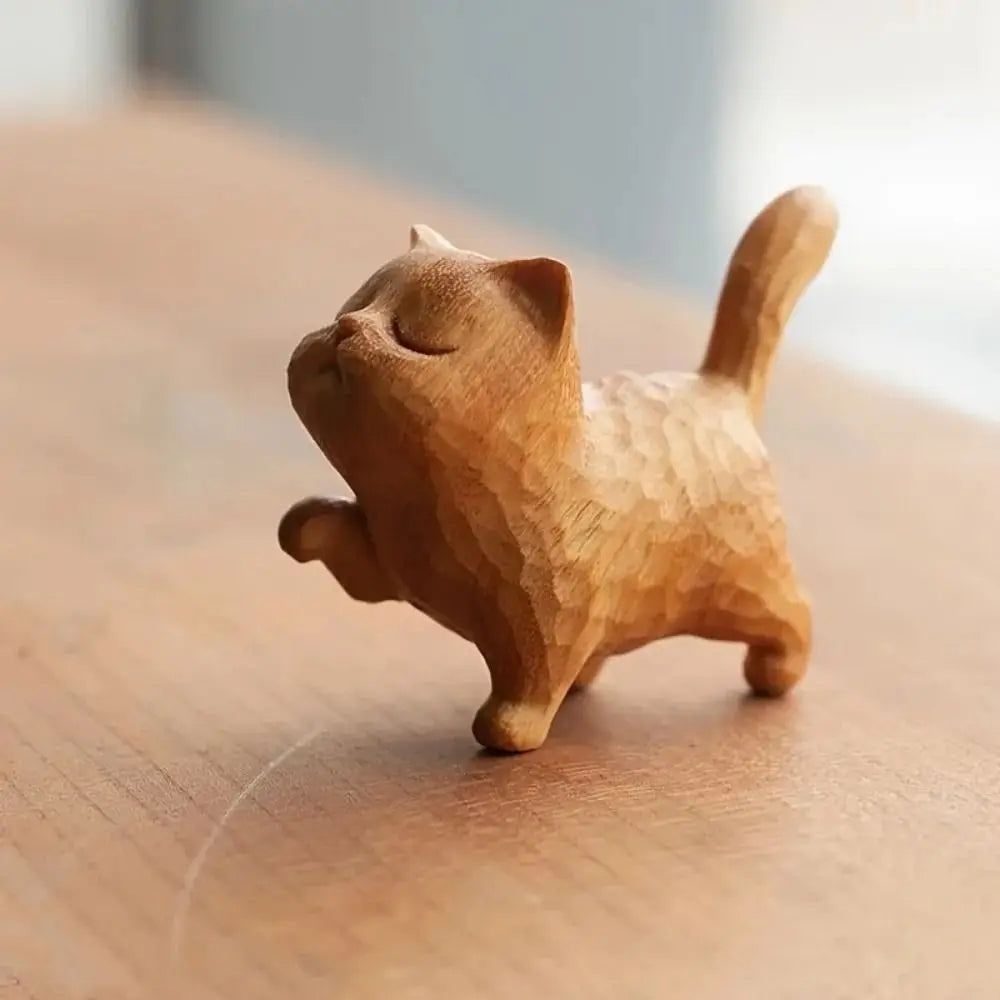 Cat Model Crafts Hand-carved Wooden Cat Statue Cute Tiny Cat Sculpture Creative Cartoon Animal Figurine Kids Gifts