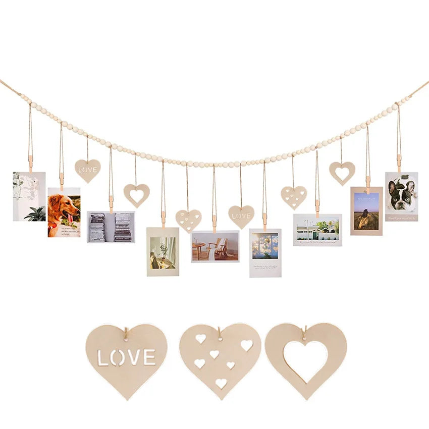Hanging Photo Display Wooden Bead Garland Boho Wall Hanging for Bedroom Living Room Dorm Party Decor Teen Girl Gifts
