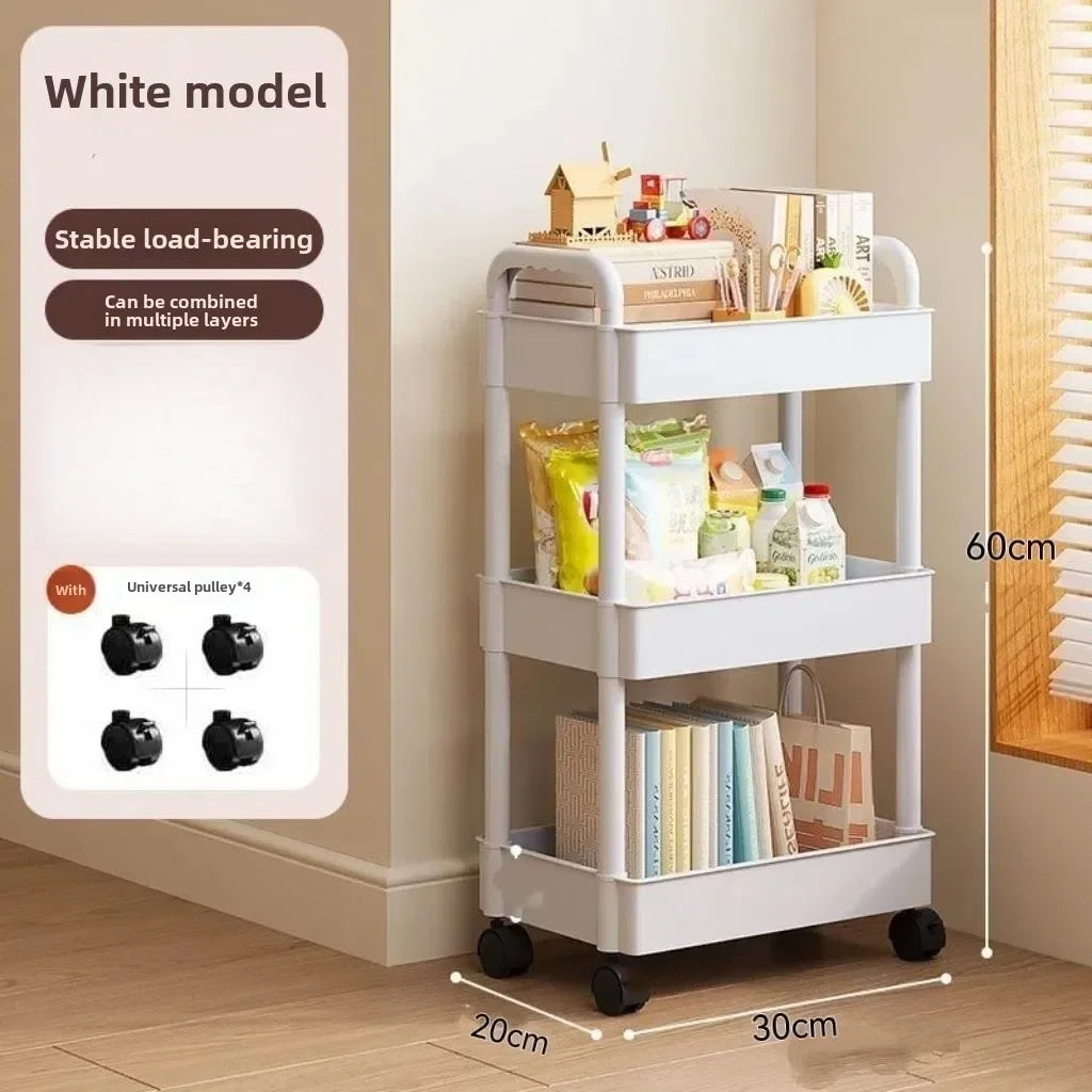 2025 Multifunctional White Rolling Storage Cart with Open Shelves for Living Room Books Kitchen Bedroom Decor