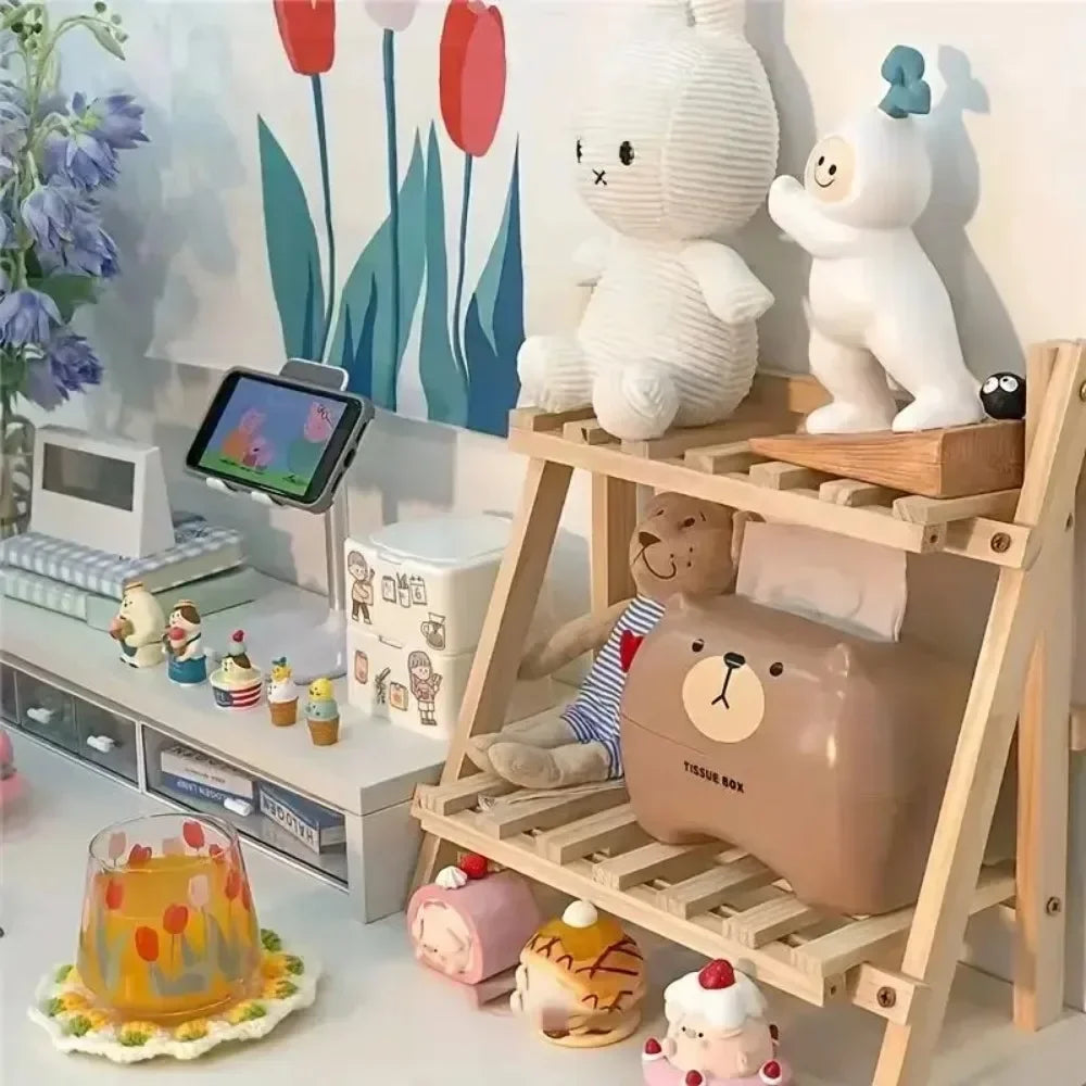 Wooden Storage Shelf 2-Tiers Desktop Organizer Shelves Trapezoidal Office Display Racks Desktop Stationary Desk Storages Racks