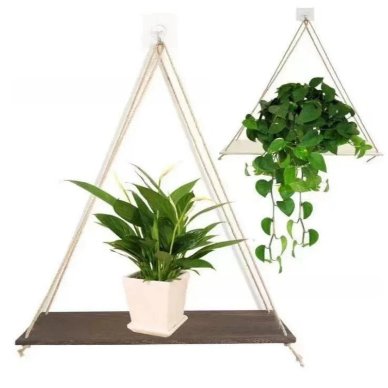 1PC Wooden Swing Hanging Hemp Rope Wall Shelve Mounted Floating Home Living Room Plant Flower Pot Tray Storage Garden Decoration