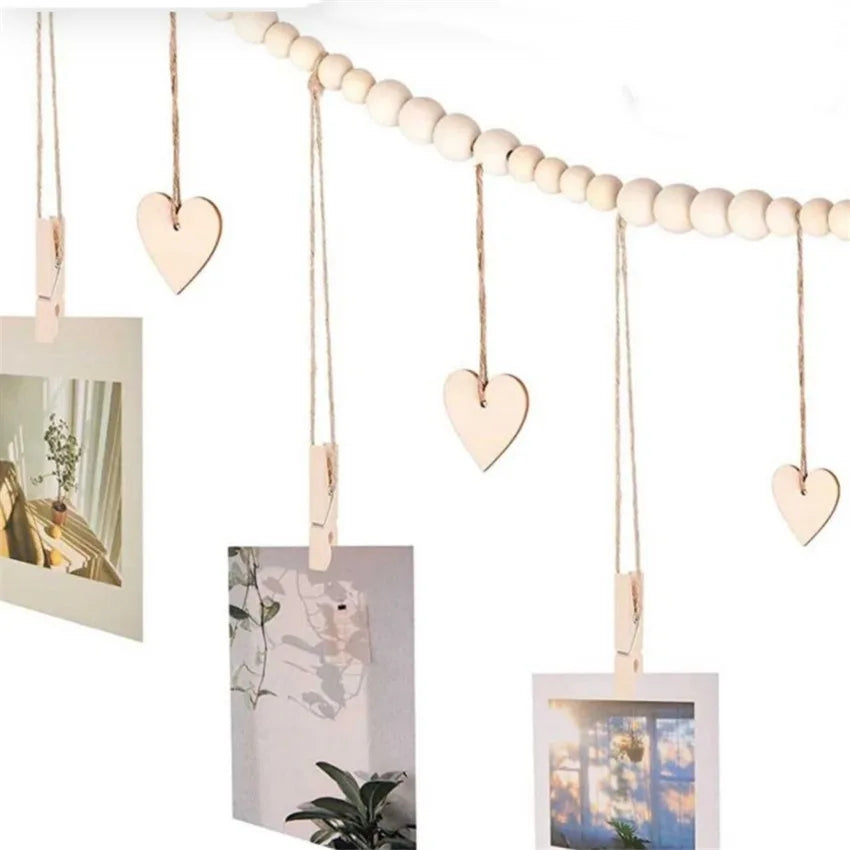 Hanging Photo Display Wooden Bead Garland Boho Wall Hanging for Bedroom Living Room Dorm Party Decor Teen Girl Gifts