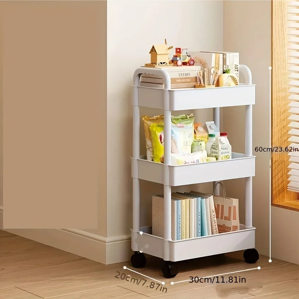 2025 Multifunctional White Rolling Storage Cart with Open Shelves for Living Room Books Kitchen Bedroom Decor