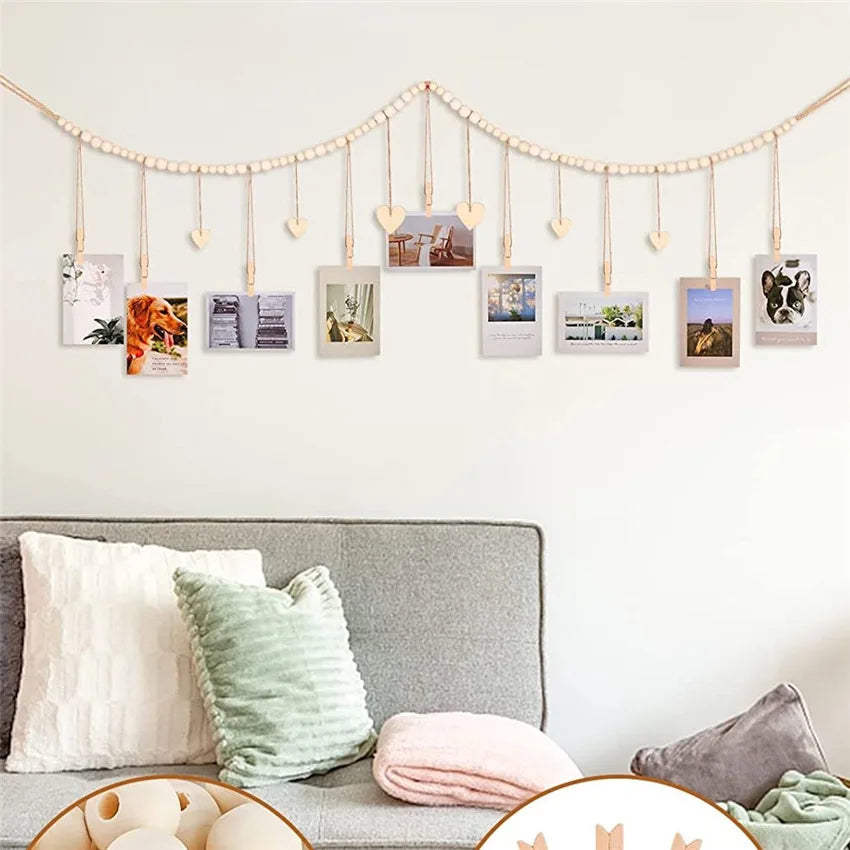Hanging Photo Display Wooden Bead Garland Boho Wall Hanging for Bedroom Living Room Dorm Party Decor Teen Girl Gifts