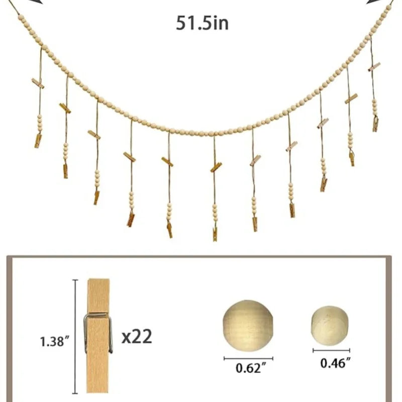 Hanging Photo Display Wooden Bead Garland Boho Wall Hanging for Bedroom Living Room Dorm Party Decor Teen Girl Gifts