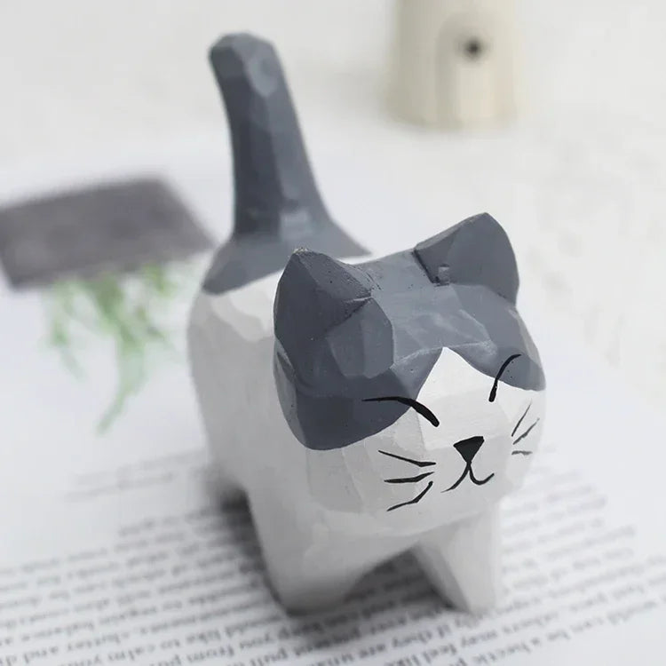 Handmade Wood Carving Kitten Ornaments Small Animal Creative Desktop Wood Cat Decoration Crafts