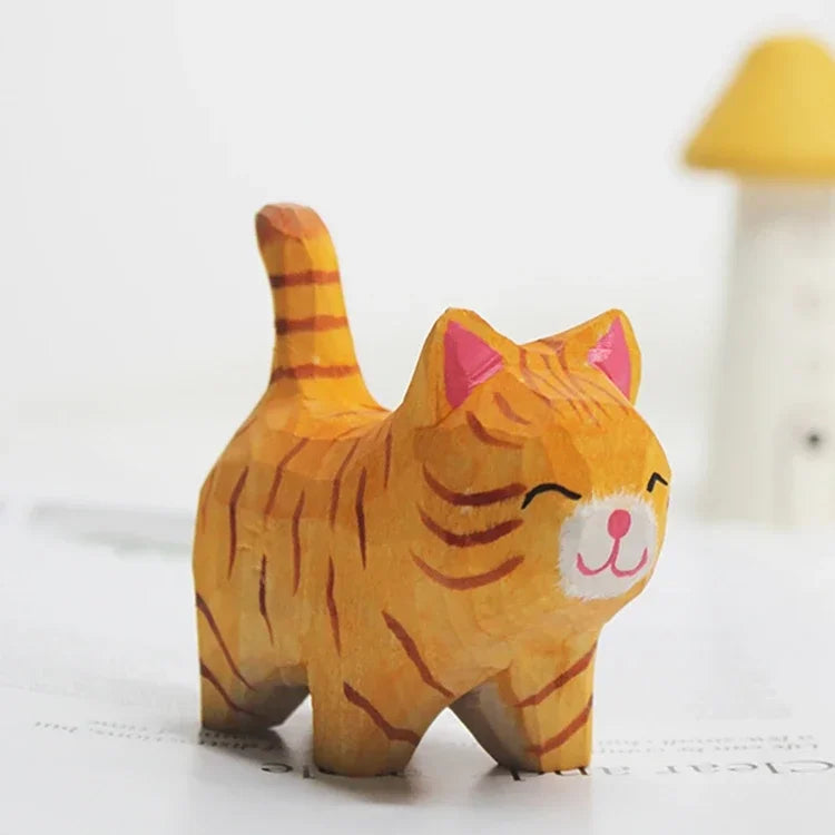 Handmade Wood Carving Kitten Ornaments Small Animal Creative Desktop Wood Cat Decoration Crafts