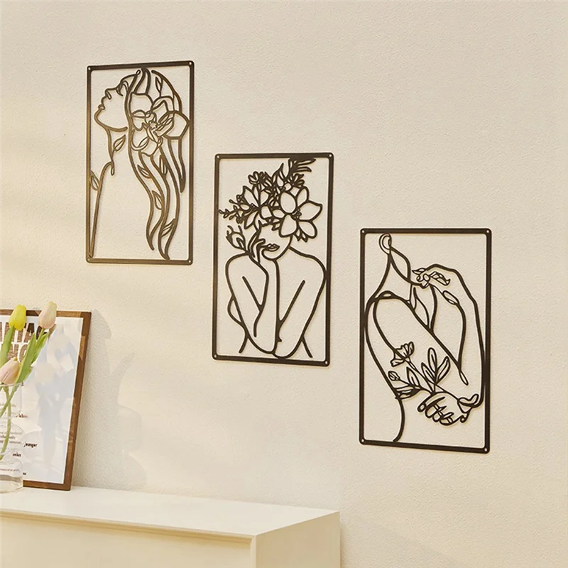 Emption!3 Pieces Metal Minimalist Abstract Woman Wall Art Line Drawing Wall Art Decor Single Line Female Home Hanging Wall Decor