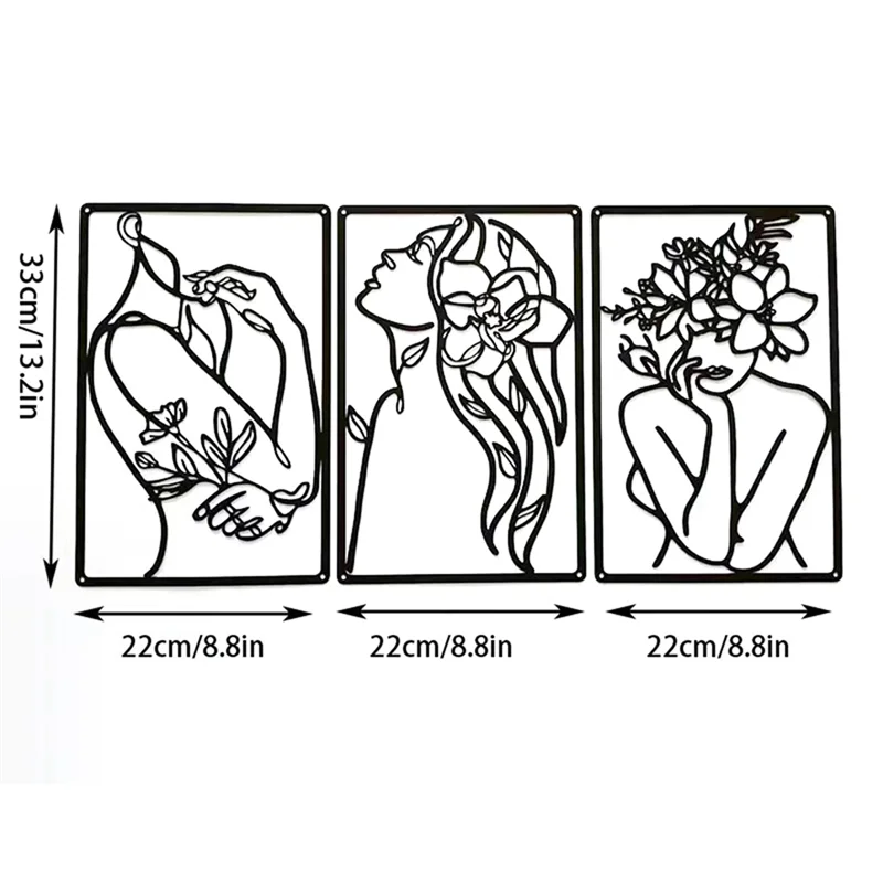 Emption!3 Pieces Metal Minimalist Abstract Woman Wall Art Line Drawing Wall Art Decor Single Line Female Home Hanging Wall Decor