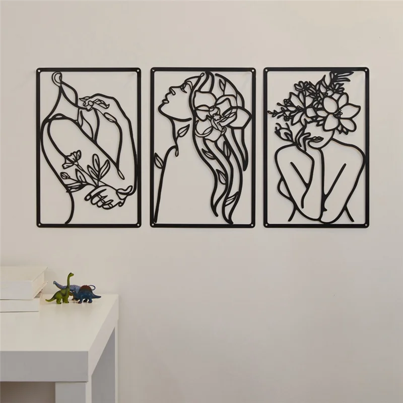 Emption!3 Pieces Metal Minimalist Abstract Woman Wall Art Line Drawing Wall Art Decor Single Line Female Home Hanging Wall Decor