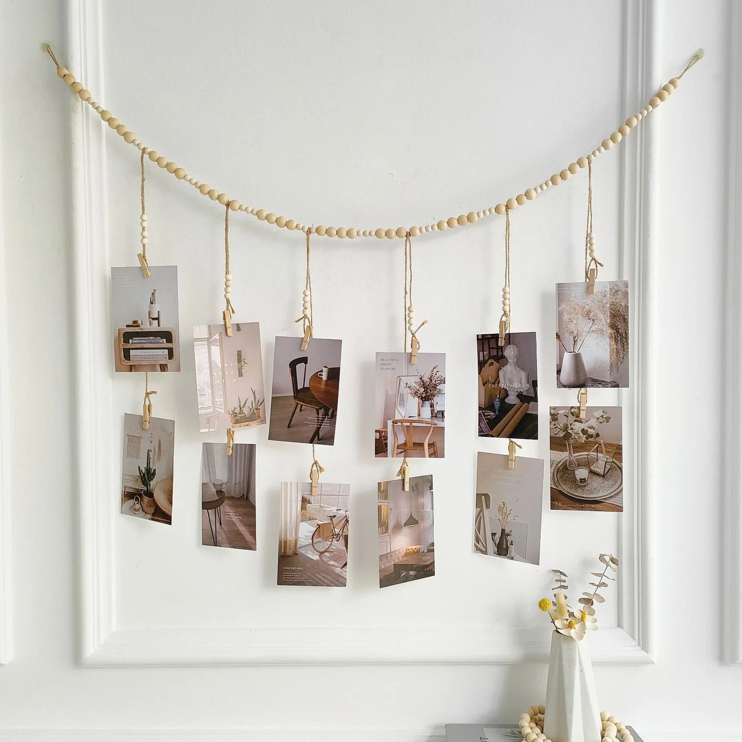 Hanging Photo Display Wooden Bead Garland Boho Wall Hanging for Bedroom Living Room Dorm Party Decor Teen Girl Gifts
