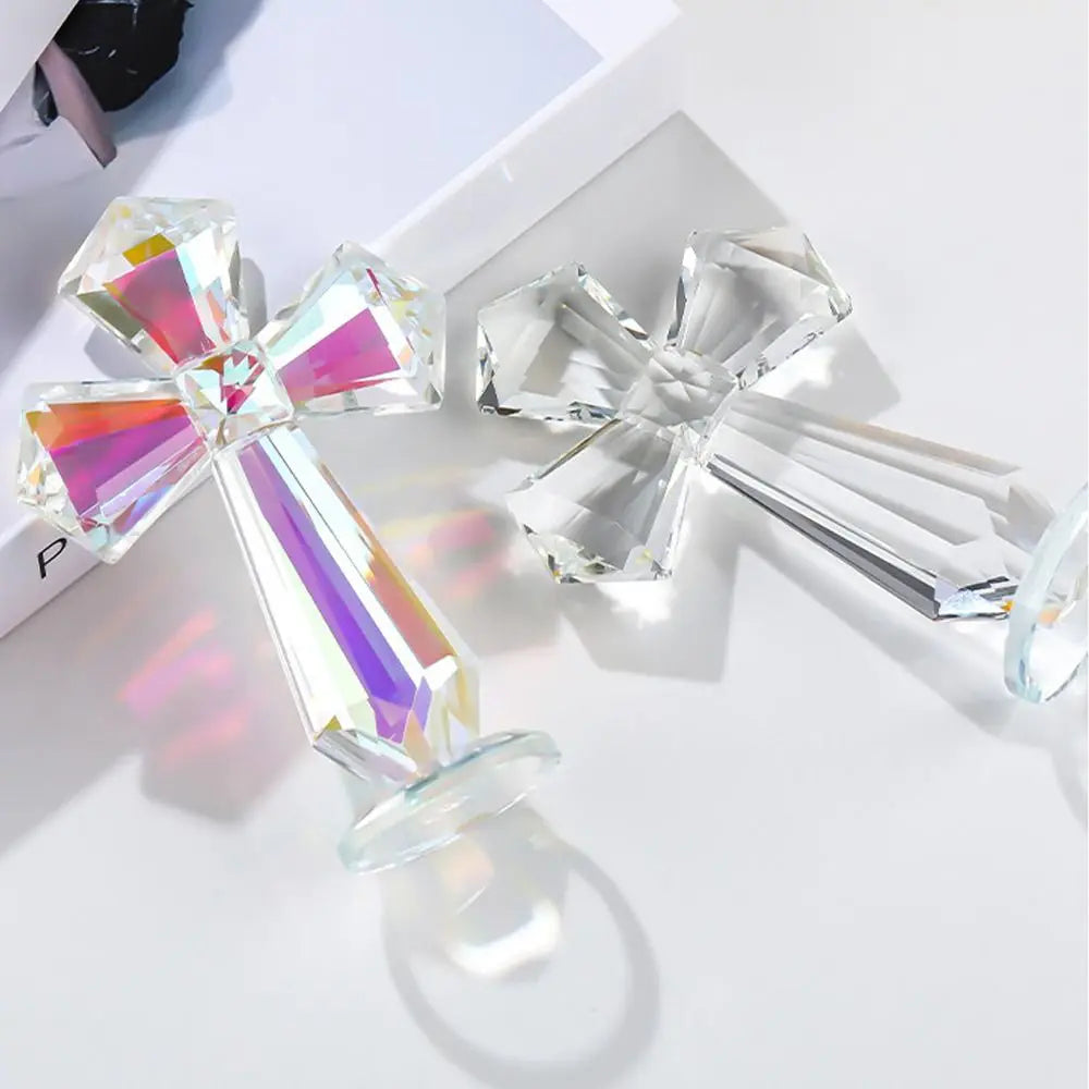 Hand-carved AB Color Crystal Cross Ornament Standing Exquisite Christian Cross Crafts Handmade Crosses Figurine Religious Gift