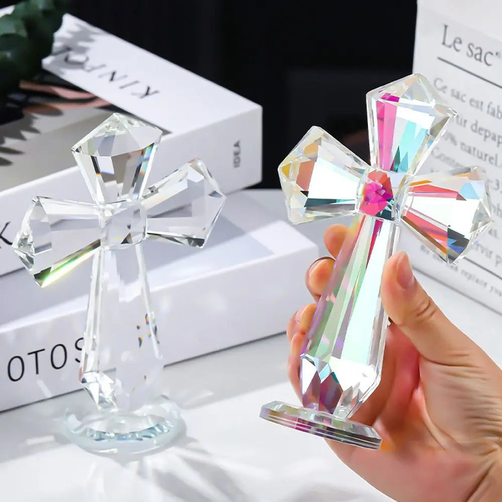 Hand-carved AB Color Crystal Cross Ornament Standing Exquisite Christian Cross Crafts Handmade Crosses Figurine Religious Gift
