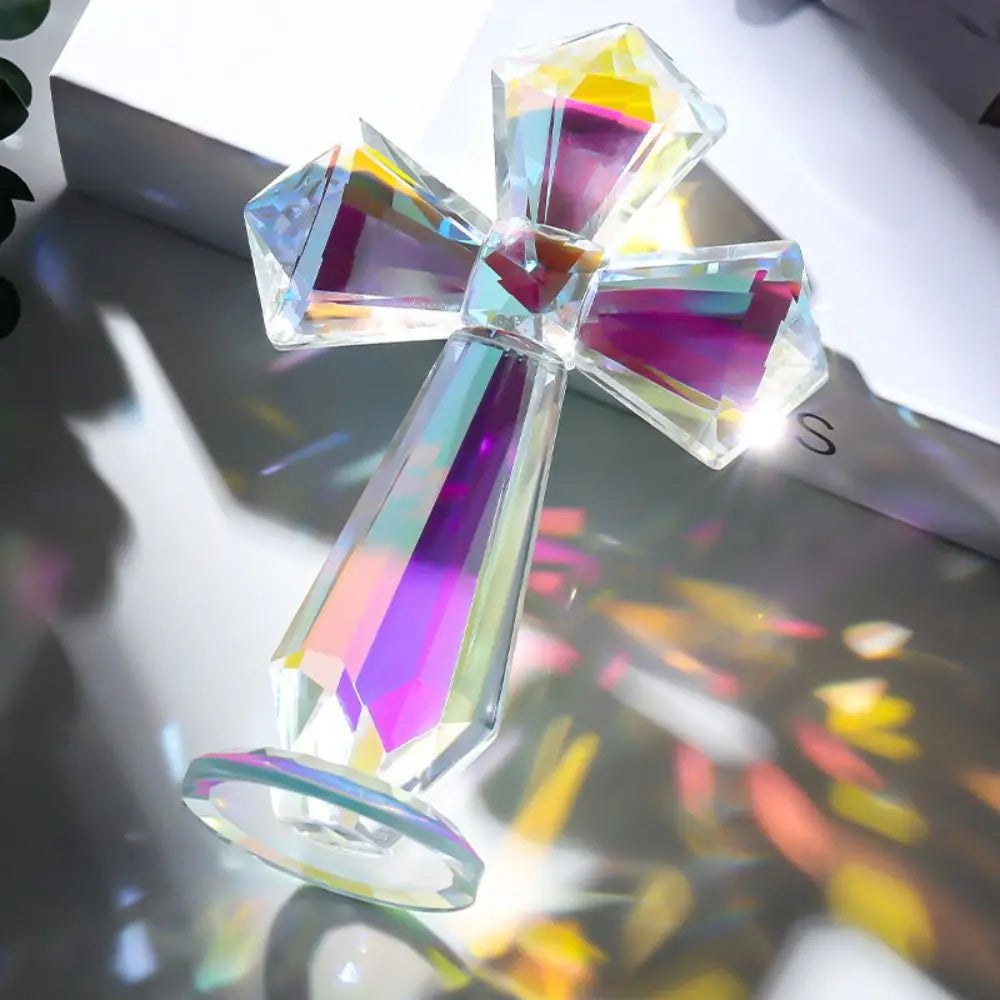 Hand-carved AB Color Crystal Cross Ornament Standing Exquisite Christian Cross Crafts Handmade Crosses Figurine Religious Gift